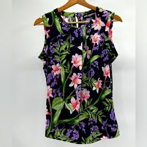 Like New Karl Lagerfeld Floral Leaves Print Blouse with Pearl Detail Size Small